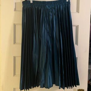 Pleated Satin Midi Skirt in Deep Teal